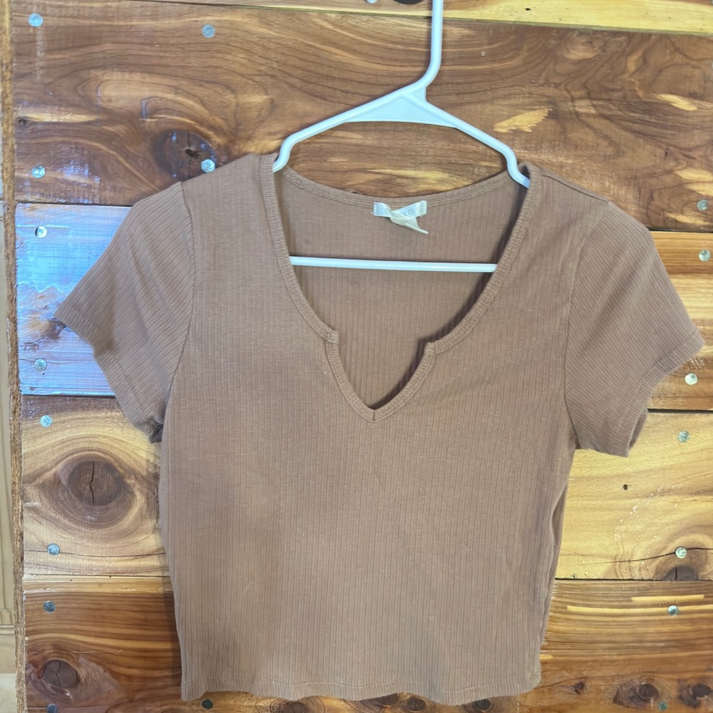 Brown Ribbed Short Sleeve Top